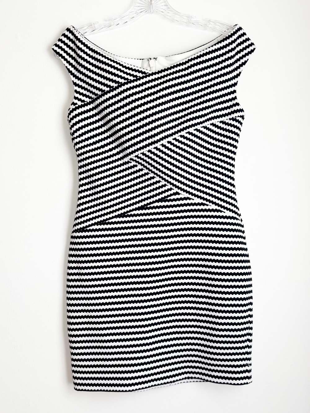 Guess Black and White One-Shoulder Striped Sheath Dress